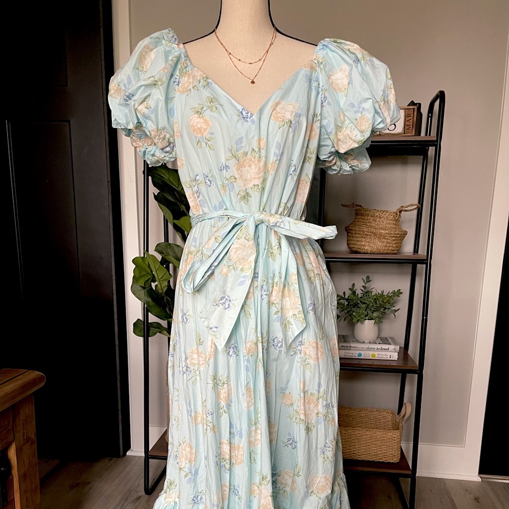 LoveShackFancy Floral Maxi Dress in Light Blue and Peach